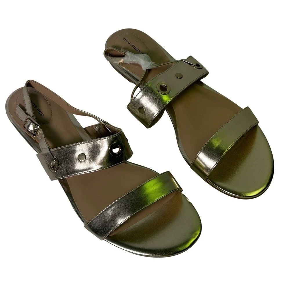 Lands End Neve Flat Sandal Mens Gold Metallic Slingback Grommet 4131304 Size 9B